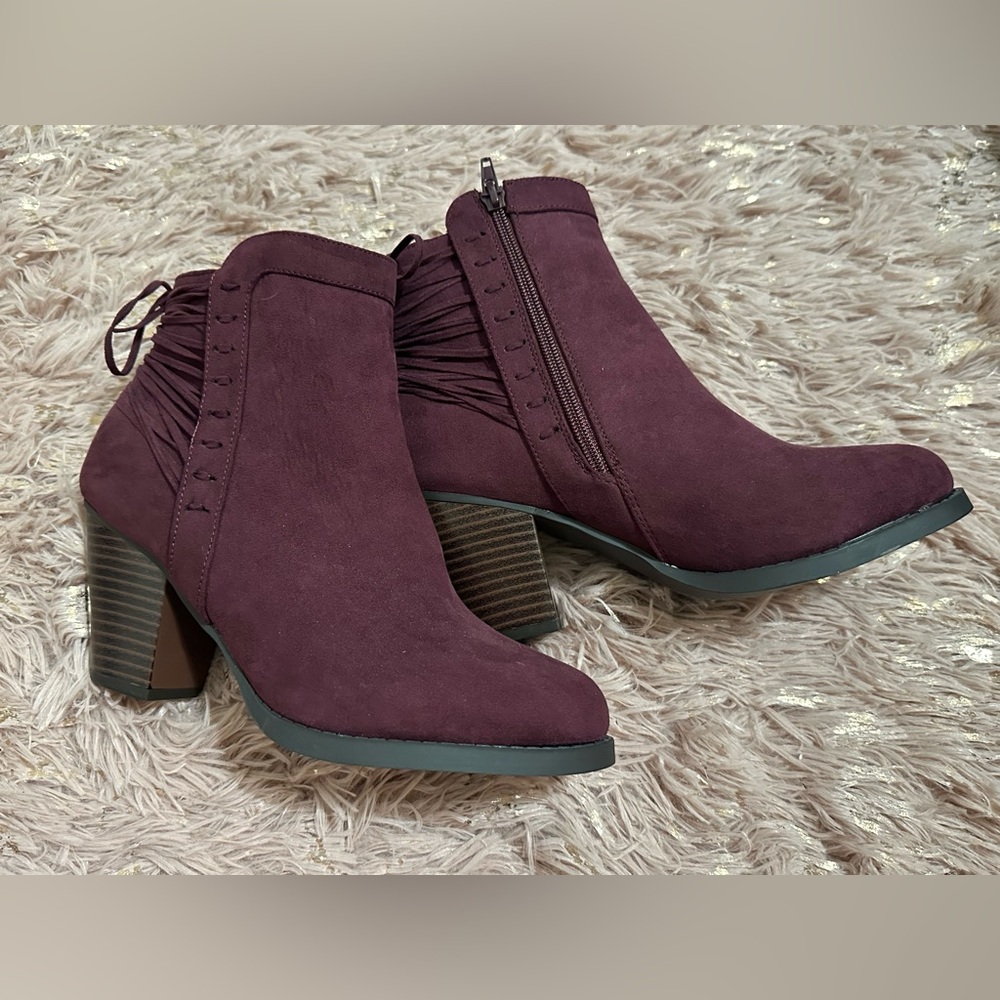 Burgundy Block Heel Ankle Boots